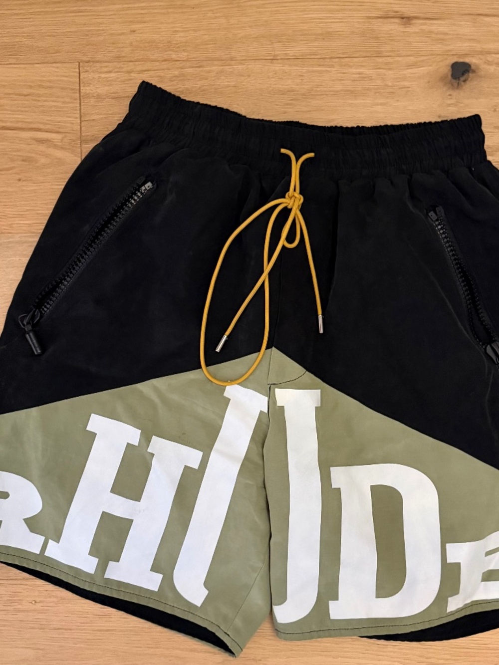 Rhude Cupro Yachting Shorts in Black/Khaki/Green